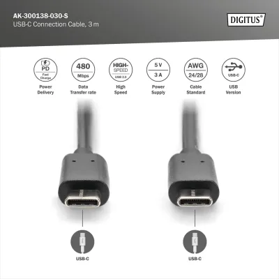 3m Digitus USB Male 2.0 (Type C) USB Male 2.0 (Type C)